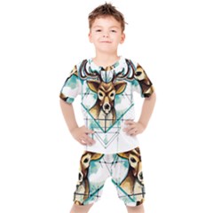 Deer-unicorn-tattoo-drawing-vector-watercolor Kids  Tee And Shorts Set by Jancukart