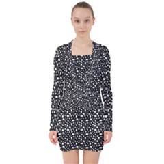 Small Bright White Halloween Motifs Skulls, Spells & Cats On Spooky Black  V-neck Bodycon Long Sleeve Dress by PodArtist