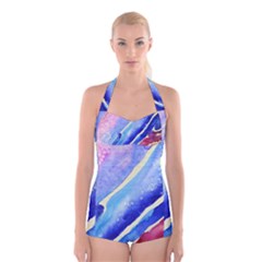 Painting-abstract-blue-pink-spots Boyleg Halter Swimsuit  by Jancukart
