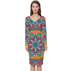 Mandala Spirit Long Sleeve V-neck Bodycon Dress  by zappwaits
