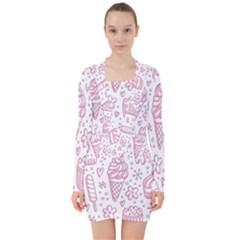 Illustration-pink-ice-cream-seamless-pattern V-neck Bodycon Long Sleeve Dress by nate14shop