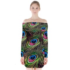 Peacock-feathers-color-plumage Long Sleeve Off Shoulder Dress by Celenk