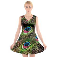 Peacock-feathers-color-plumage V-neck Sleeveless Dress by Celenk