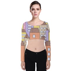 Houses City Architecture Building Velvet Long Sleeve Crop Top by Sapixe