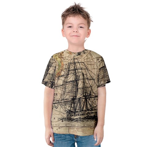 Ship Map Navigation Vintage Kids  Cotton Tee by Sapixe
