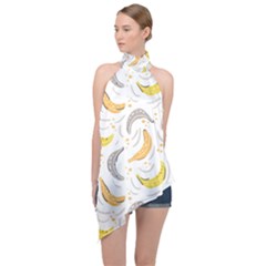 Seamless Stylish Pattern-with-fresh-yellow-bananas-background Halter Asymmetric Satin Top by Wegoenart