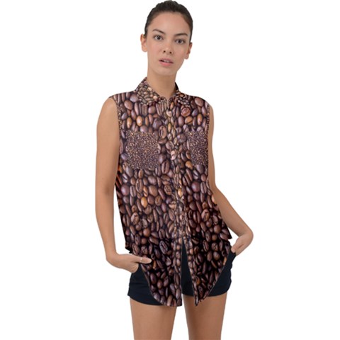 Coffee Beans Food Texture Sleeveless Chiffon Button Shirt by artworkshop