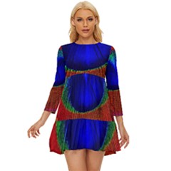 Red Peacock Plumage Fearher Bird Pattern Long Sleeve Babydoll Dress by Wegoenart