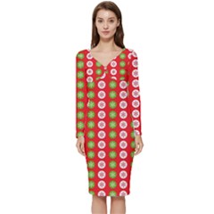 Festive Pattern Christmas Holiday Long Sleeve V-neck Bodycon Dress  by Amaryn4rt