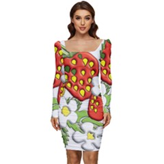 Strawberries Berry Strawberry Leaves Women Long Sleeve Ruched Stretch Jersey Dress by Wegoenart
