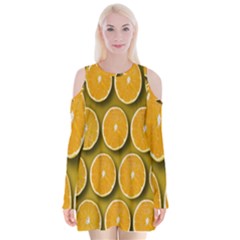 Orange Slices Cross Sections Pattern Velvet Long Sleeve Shoulder Cutout Dress by artworkshop