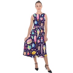 Cute-seamless-pattern-with-colorful-sweets-cakes-lollipops Midi Tie-back Chiffon Dress by Wegoenart