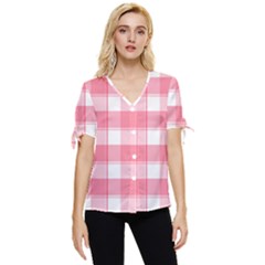 Pink And White Plaids Bow Sleeve Button Up Top by ConteMonfrey