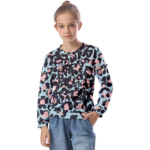 Blue And Pink Jaguar Dots Leopard Black And White Leopard Print Jaguar Dots Kids  Long Sleeve Tee With Frill  by ConteMonfrey
