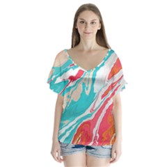 Stone Marble Texturw Pattern V-neck Flutter Sleeve Top by Wegoenart