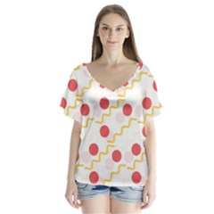 Line Patter Dots Dot Lines Decorative V-neck Flutter Sleeve Top by Wegoenart