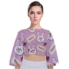 Illustration Rabbit Cartoon Background Pattern Tie Back Butterfly Sleeve Chiffon Top by Sudhe
