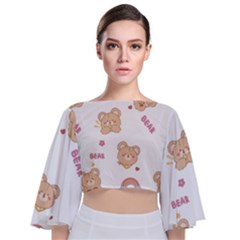 Illustrations Bear Cartoon Background Pattern Tie Back Butterfly Sleeve Chiffon Top by Sudhe