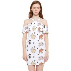 Cute Cat Kitten Animal Design Pattern Shoulder Frill Bodycon Summer Dress by danenraven