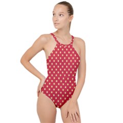 Felt Background Paper Red Yellow Star High Neck One Piece Swimsuit by artworkshop