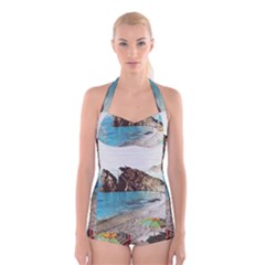 Beach Day At Cinque Terre, Colorful Italy Vintage Boyleg Halter Swimsuit  by ConteMonfrey