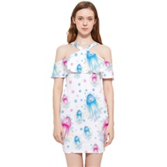 Jellyfis Pink Blue Cartoon Shoulder Frill Bodycon Summer Dress by danenraven