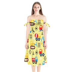 Seamless Pattern Vector Industrial Vehicle Cartoon Shoulder Tie Bardot Midi Dress by Jancukart