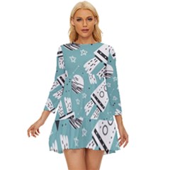 Cute Seamless Pattern With Rocket Planets-stars Long Sleeve Babydoll Dress by BangZart