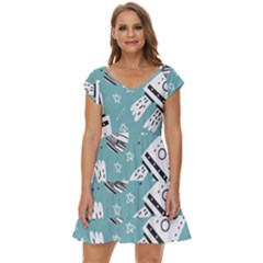 Cute Seamless Pattern With Rocket Planets-stars Short Sleeve Tiered Mini Dress by BangZart
