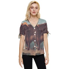 Lion Of Venice, Italy Bow Sleeve Button Up Top by ConteMonfrey