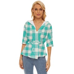 Turquoise Small Plaids  Lightweight Drawstring Hooded Top by ConteMonfrey