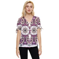Multicolored Pattern Illustration Purple Peacock Bow Sleeve Button Up Top by Jancukart