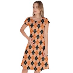 Halloween Inspired Black Orange Diagonal Plaids Classic Short Sleeve Dress by ConteMonfrey