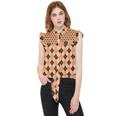 Halloween Inspired Black Orange Diagonal Plaids Frill Detail Shirt by ConteMonfrey