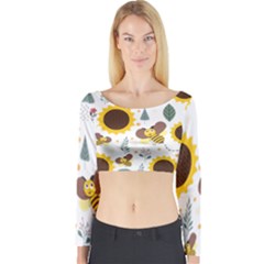 Nature Honeybee Sunflower Leaves Leaf Seamless Background Long Sleeve Crop Top by Jancukart