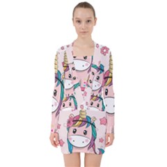 Cartoon Unicorn Fantasy V-neck Bodycon Long Sleeve Dress by Jancukart