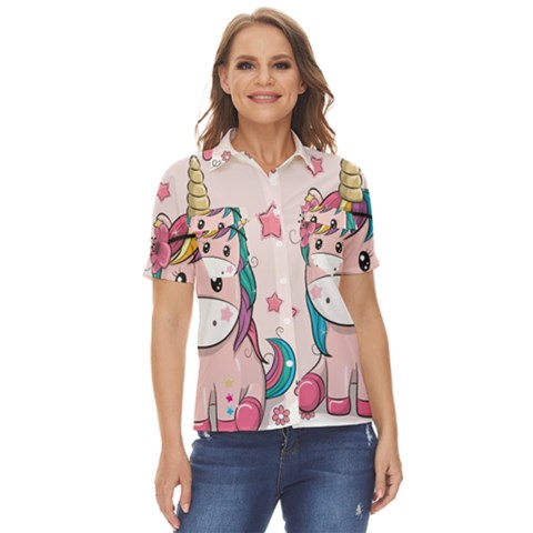 Cartoon Unicorn Fantasy Women s Short Sleeve Double Pocket Shirt by Jancukart