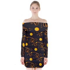 Halloween Background Pattern Long Sleeve Off Shoulder Dress by Ravend