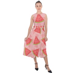 Background Watermelon Pattern Fruit Midi Tie-back Chiffon Dress by Wegoenart