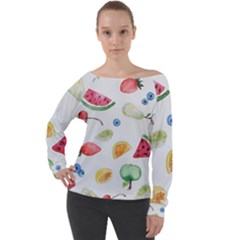 Fruit Summer Vitamin Watercolor Off Shoulder Long Sleeve Velour Top by Wegoenart
