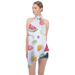 Fruit Summer Vitamin Watercolor Halter Asymmetric Satin Top by Wegoenart