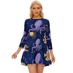 Marine-seamless-pattern-thin-line-memphis-style Long Sleeve Babydoll Dress by BangZart
