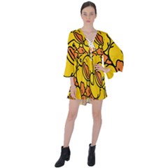 Duck Cartoon Background Pattern V-neck Flare Sleeve Mini Dress by Wegoenart