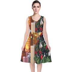 Christmas Tree And Presents V-neck Midi Sleeveless Dress  by artworkshop