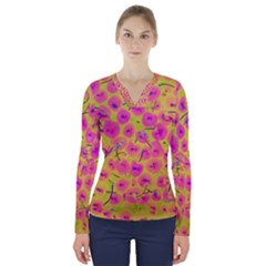 Cherries Fruit Food Neon Texture Fluorescent V-neck Long Sleeve Top by Wegoenart