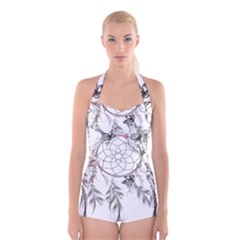 Dreamcatcher Feather Flower Illustration Art Boyleg Halter Swimsuit  by danenraven