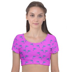 Pink And Blue, Cute Dolphins Pattern, Animals Theme Velvet Short Sleeve Crop Top  by Casemiro