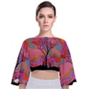 Tree Landscape Abstract Nature Colorful Scene Tie Back Butterfly Sleeve Chiffon Top View1