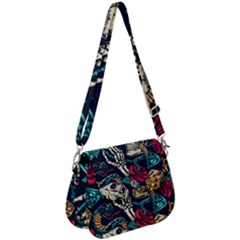 Vintage Art Tattoos Colorful Seamless Pattern Saddle Handbag by Ravend
