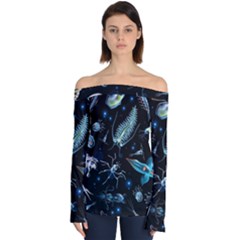 Colorful Abstract Pattern Consisting Glowing Lights Luminescent Images Marine Plankton Dark Off Shoulder Long Sleeve Top by Ravend